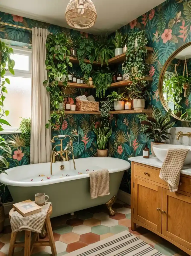 Funky Bathroom Ideas with tropical botanical design