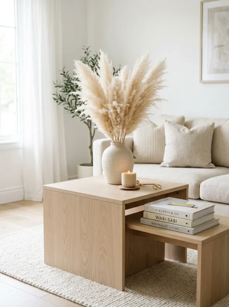 Minimalist coffee table with pampas vase, books, and nesting tables