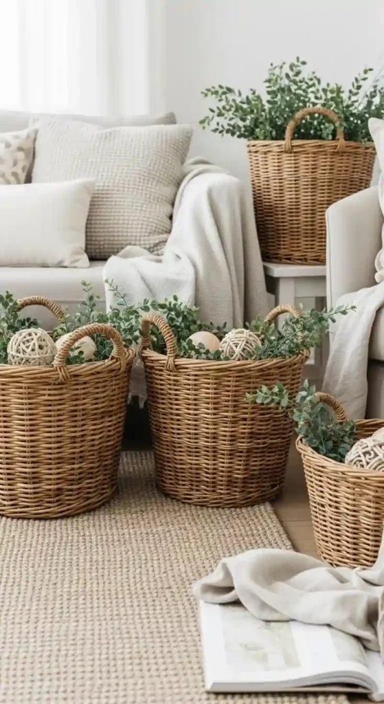 woven basket Easter decor featuring greenery and neutral-colored eggs in a cozy living room