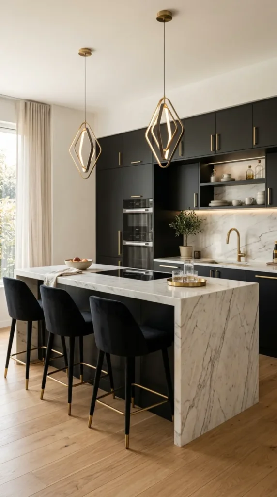 Luxury kitchen with marble island, gold accents, and black cabinets