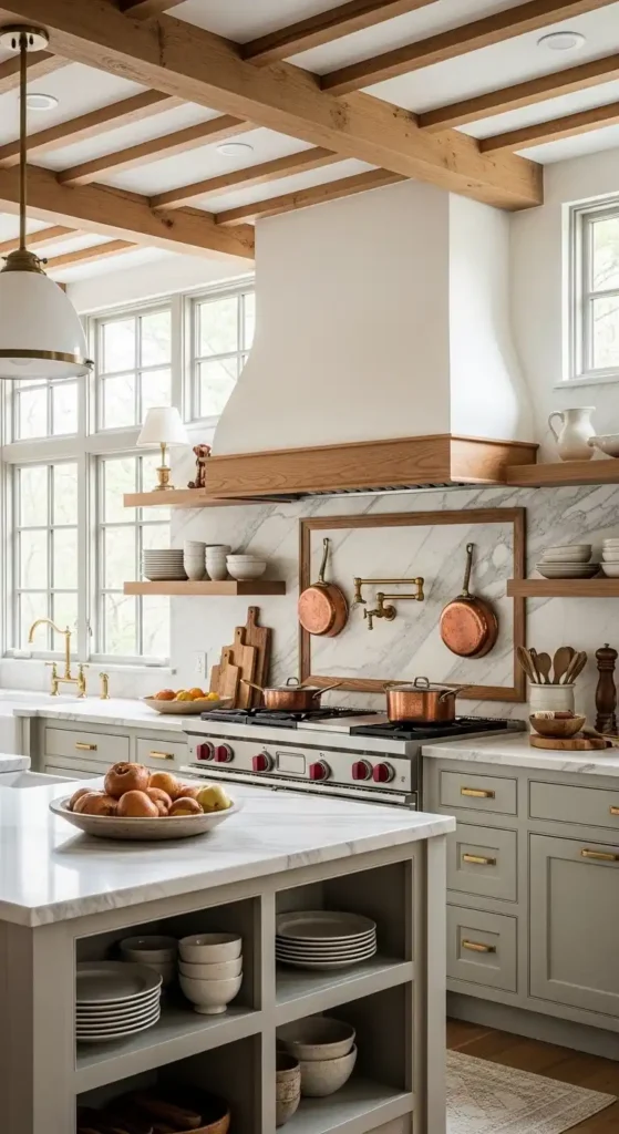 Modern farmhouse kitchen with sage cabinets and marble backsplash