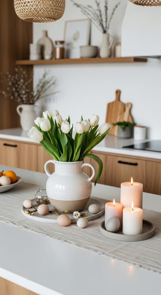 spring kitchen countertop decor with tulips, candles, and Easter accents