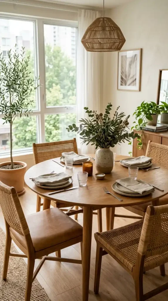 Chic dining area with round wooden table and leather seats along with greenery