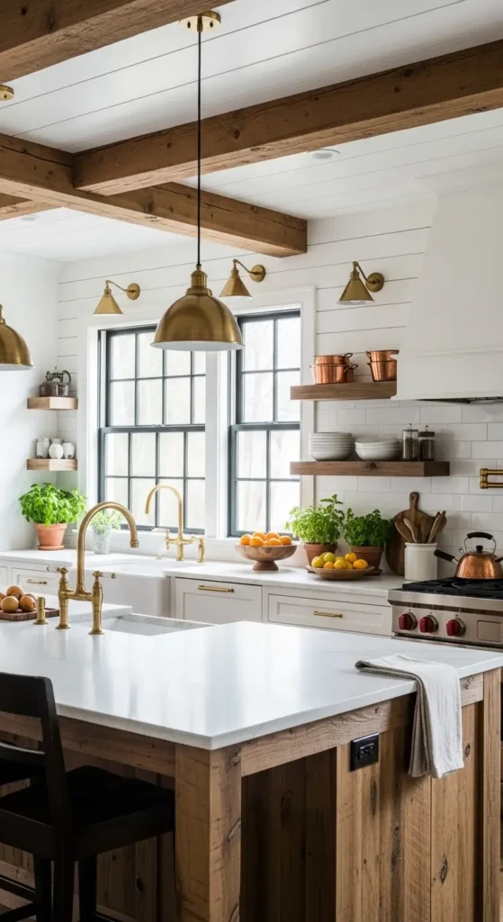 Modern farmhouse kitchen with beams and wood island