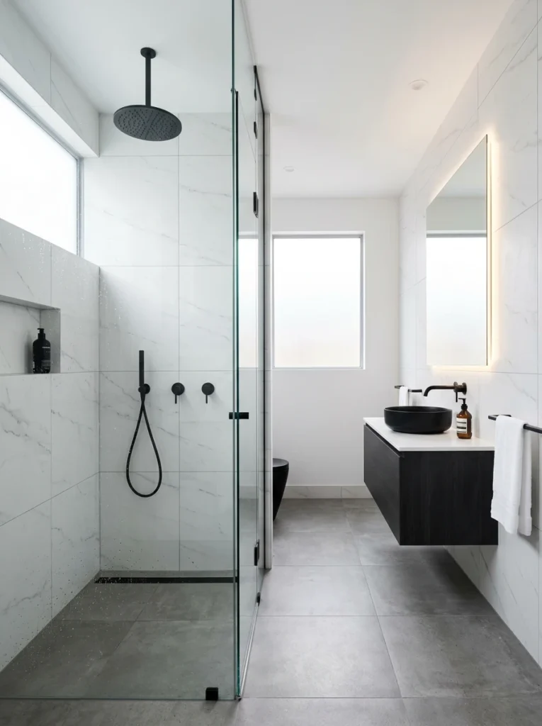 Monochrome minimalist bathroom with black fixtures, white tiles, and backlit mirror
