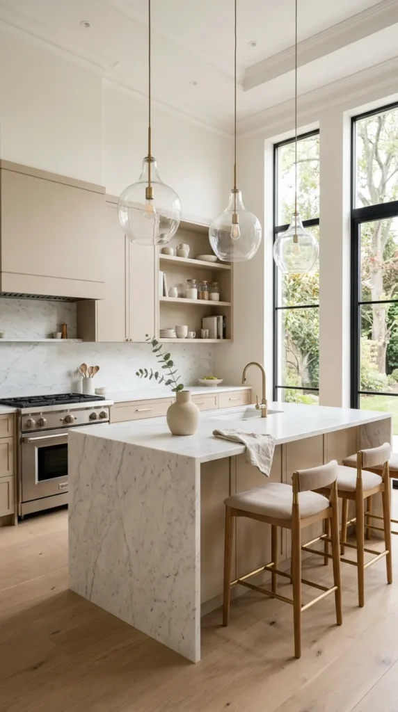 Modern kitchen with marble countertops, beige cabinets, glass pendant lights, and natural light