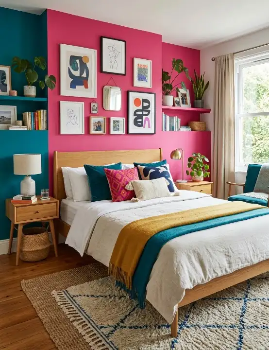 Bold Colorful Bedroom with Teal and Pink Colors, Gallery Wall, and Layered Textiles