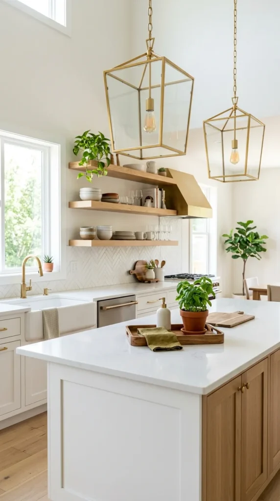 Bright kitchen with white countertops, gold pendant lights, open shelves, and greenery