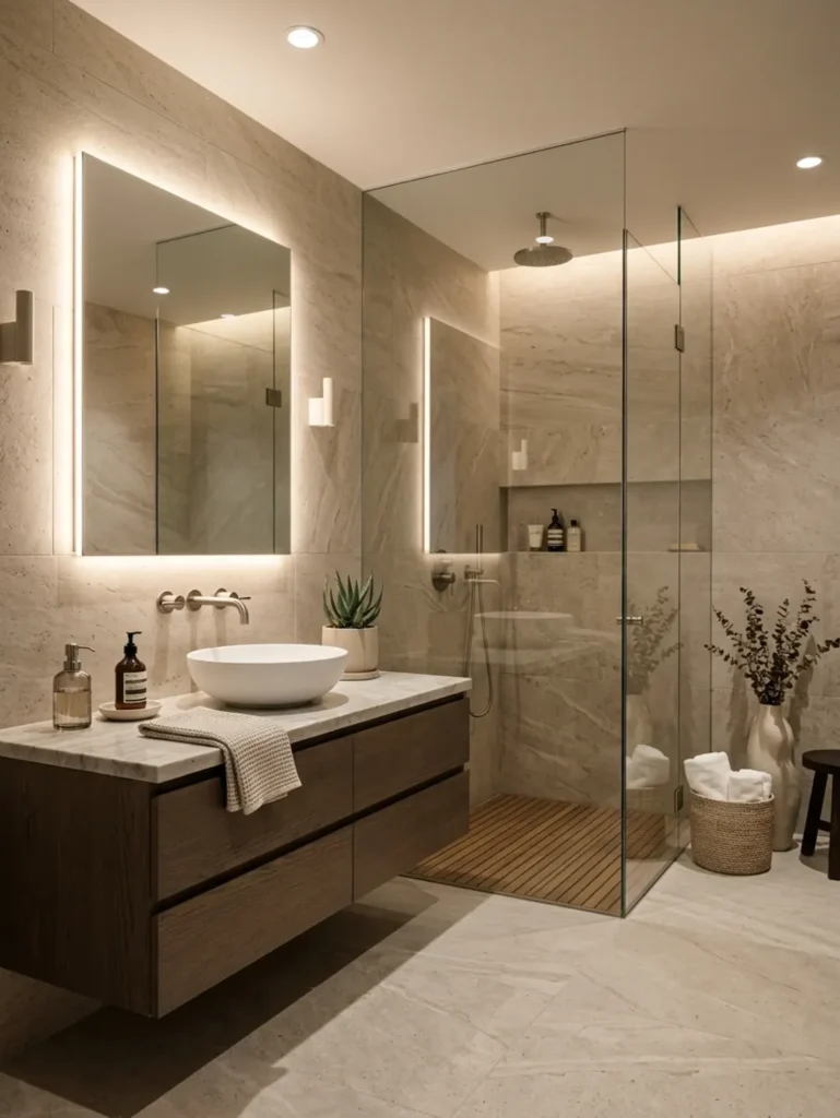 Spa Bathroom Ideas: minimalist bathroom with stone tiles and glass shower