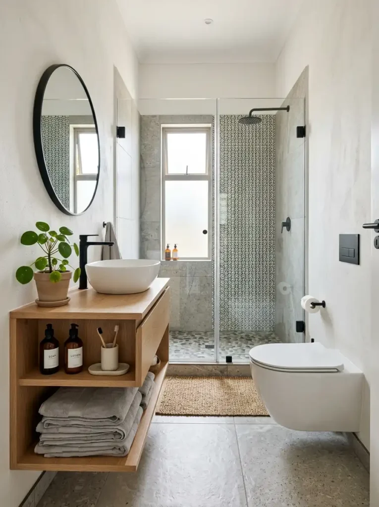 Minimalist small bathroom with stone, wood accents, glass shower, and plant