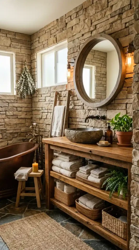Rustic bathroom with stone walls, wooden vanity, and plants