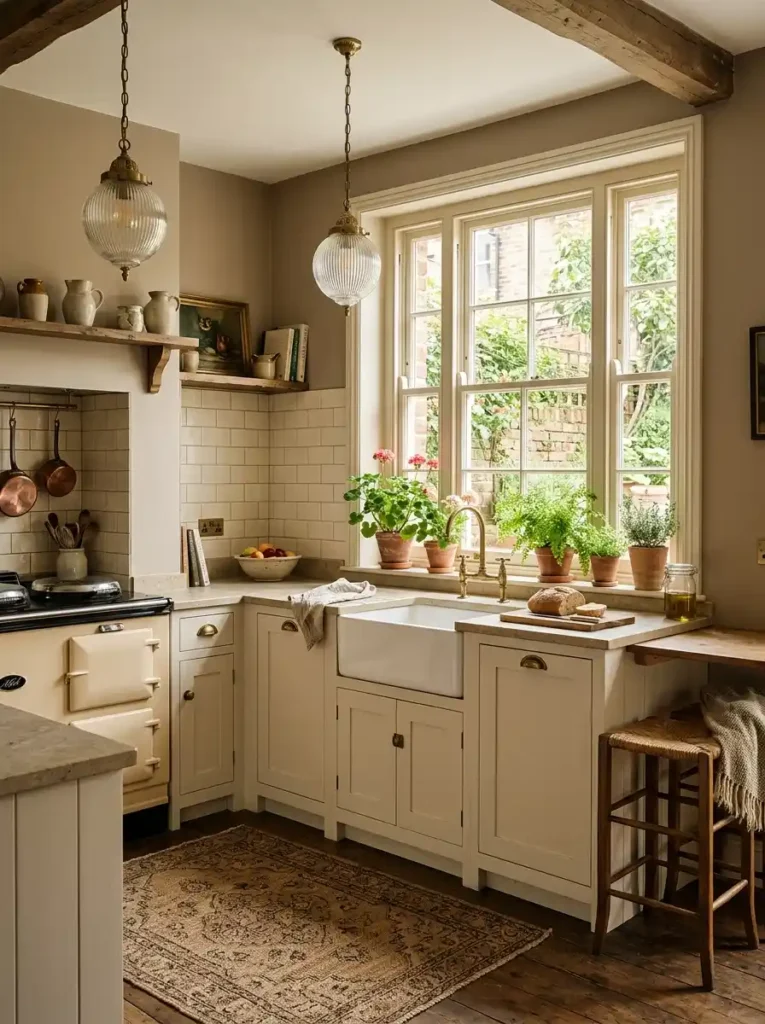 Rustic Terraced House Kitchen Ideas with farmhouse sink and vintage style