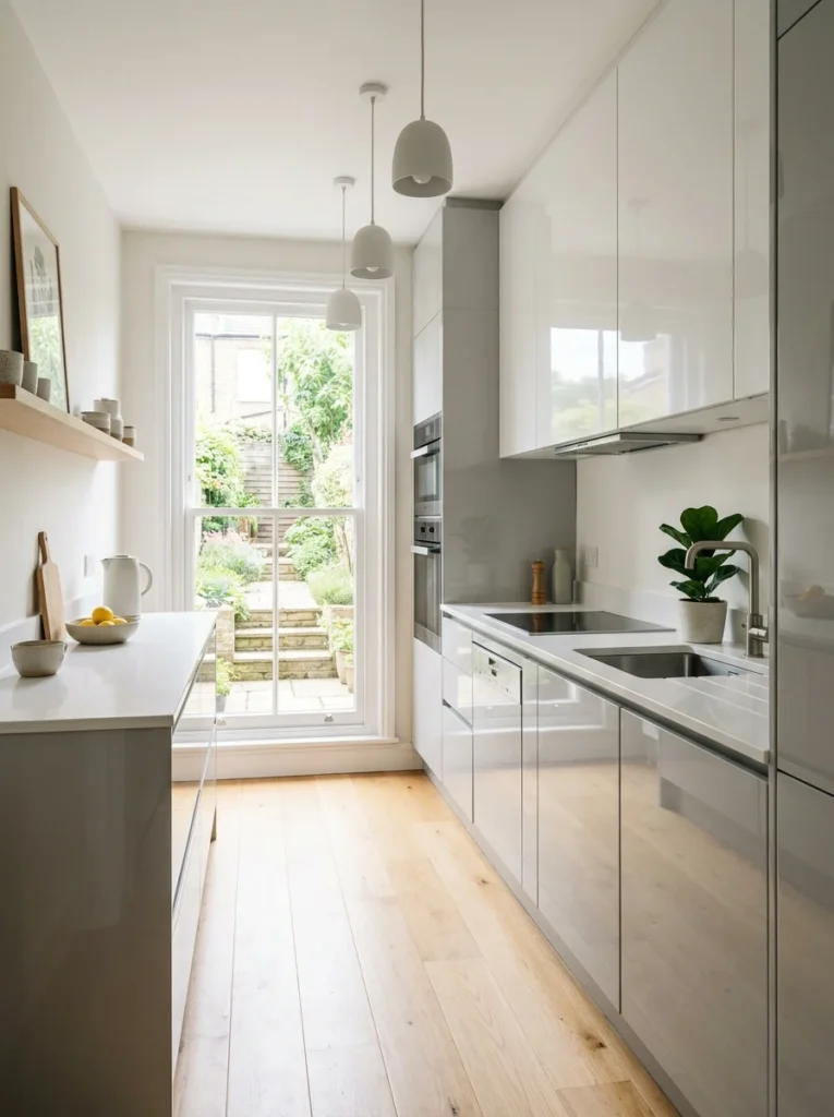 Terraced House Kitchen Ideas with sleek minimalist kitchen design and glossy cabinets