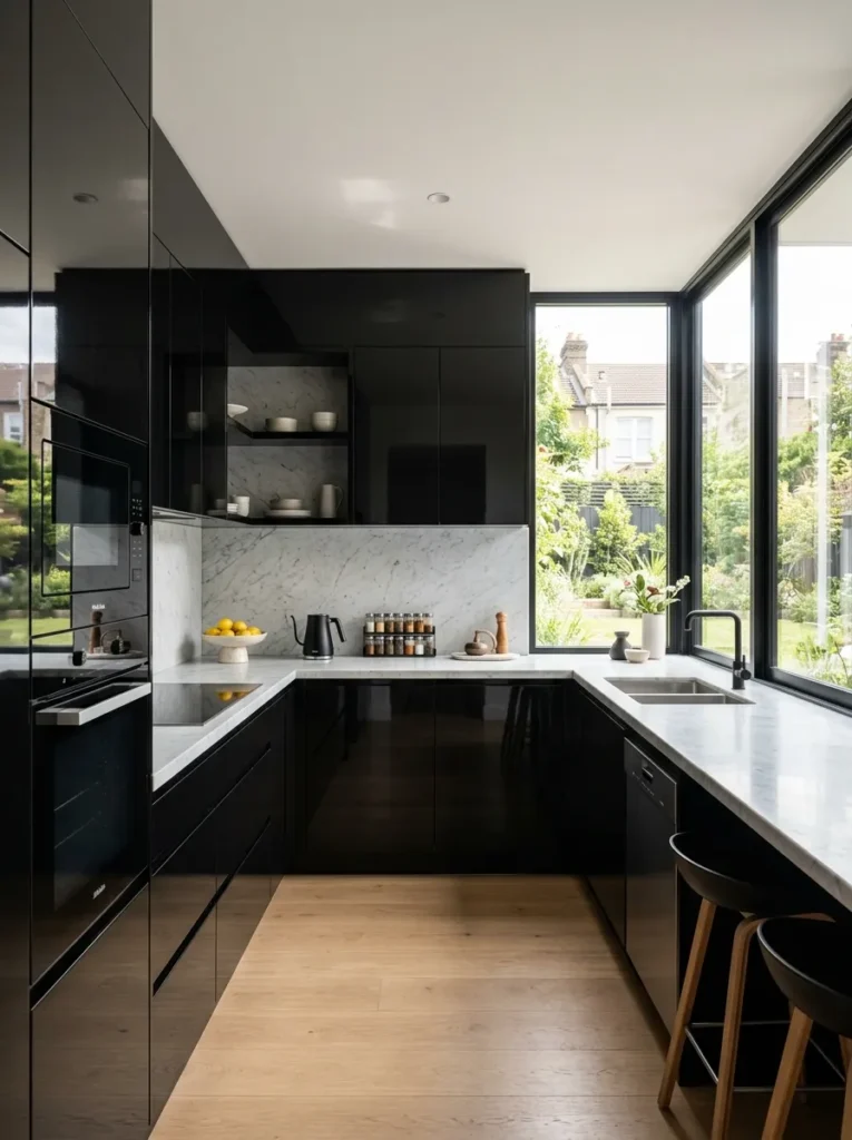 Terraced House Kitchen Ideas with U-shaped black modern kitchen design