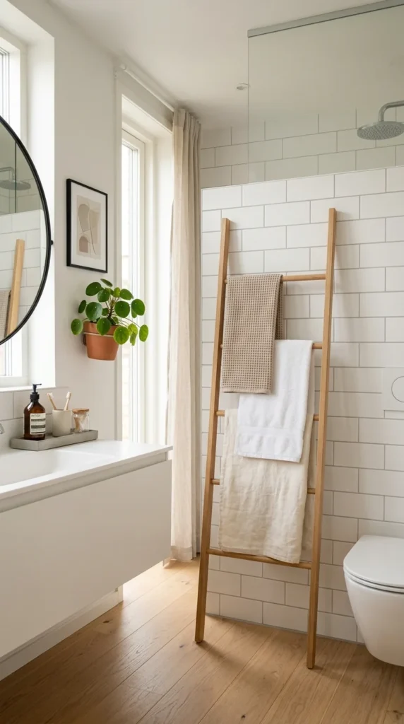 Minimalist bathroom with towel ladder, white tiles, and neutral decor