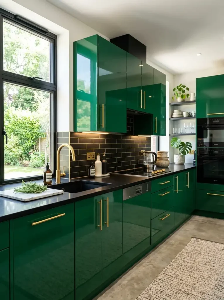 Glossy emerald green kitchen with gold handles – Green Kitchen Ideas