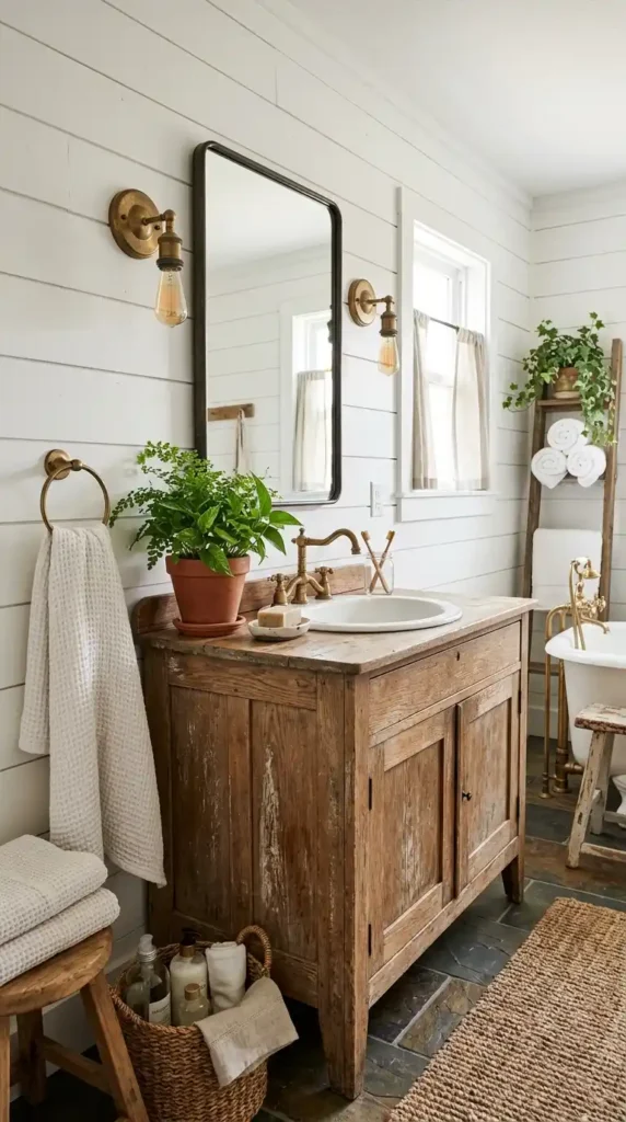 Farmhouse bathroom with shiplap walls, vintage vanity, brass fixtures, and greenery