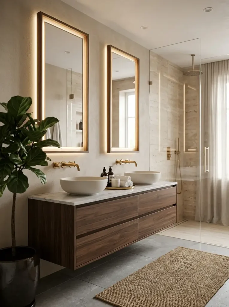 Spa Bathroom Ideas: modern double vanity with glass shower and plants