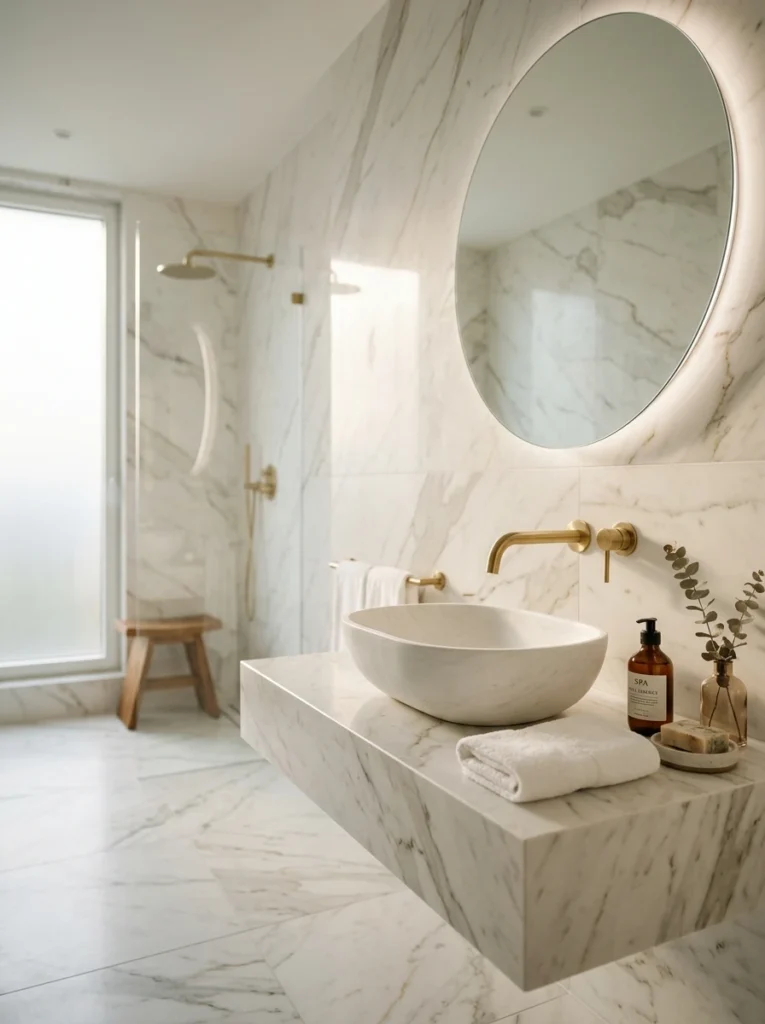 Spa Bathroom Ideas: white marble bathroom with elegant modern fixtures