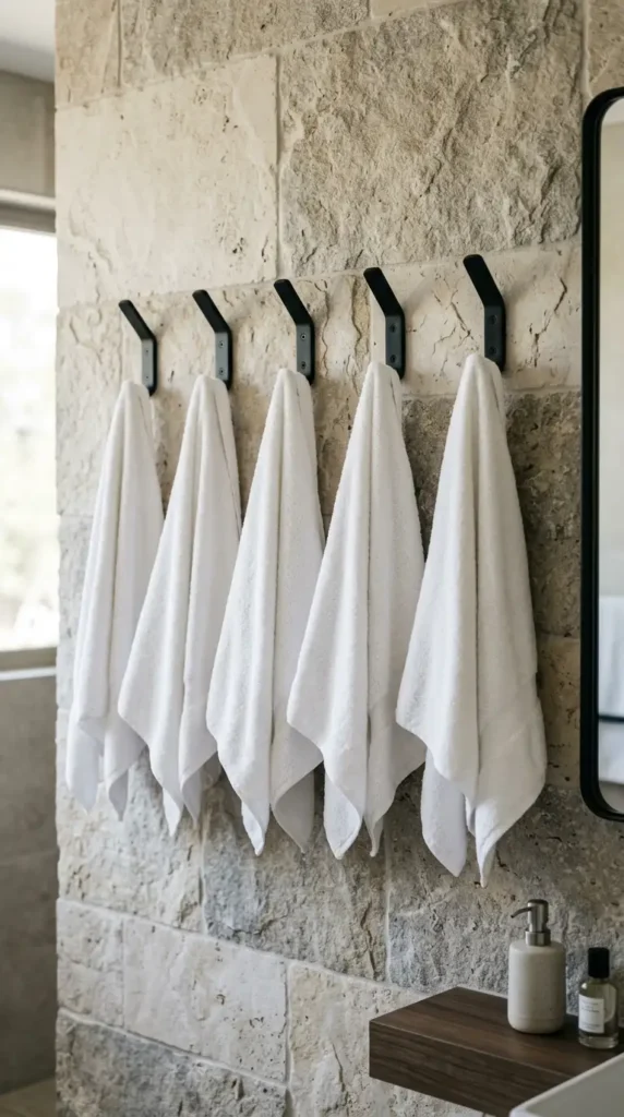 Black hooks on stone bathroom wall with modern towel storage