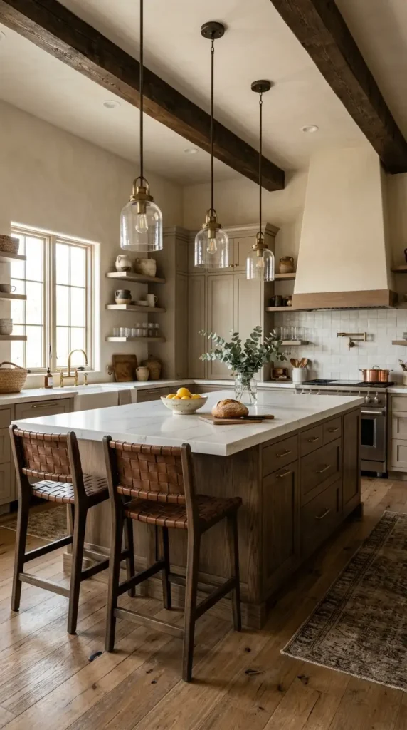 Modern kitchen island with pendant lights, wood beams, and stylish stools