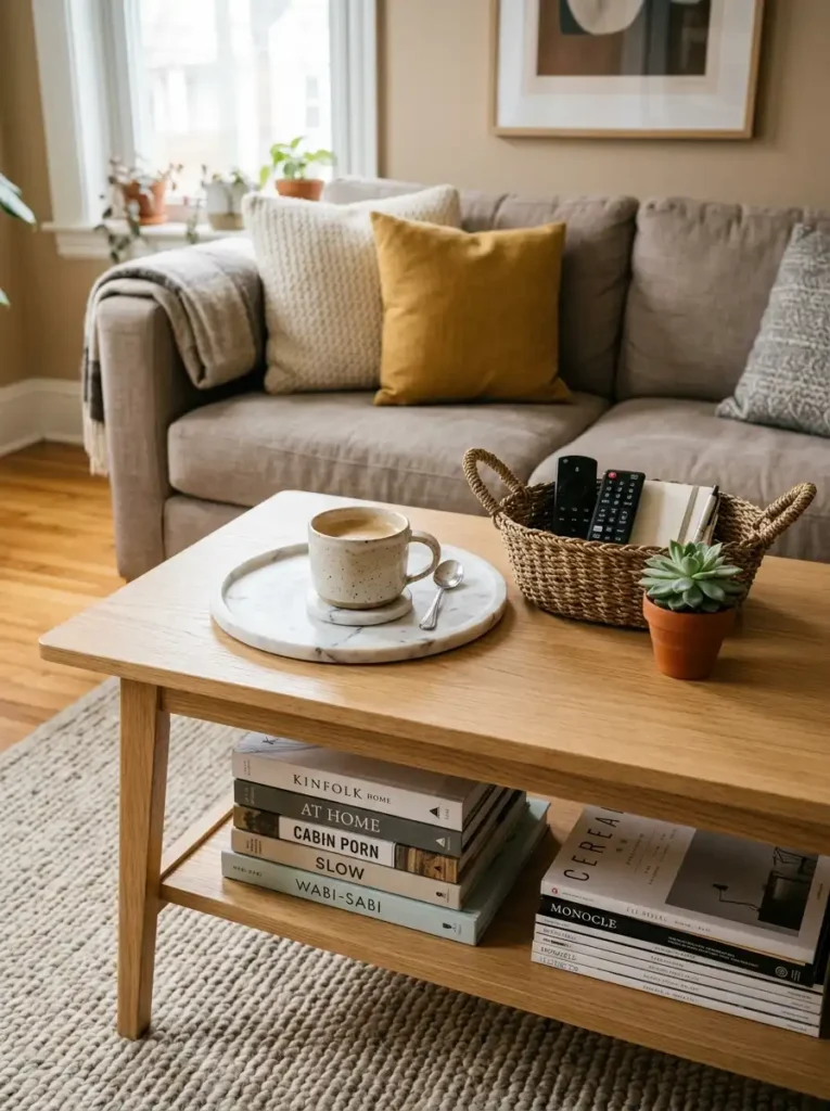 Cozy coffee table with basket storage, marble tray, mug, and succulent