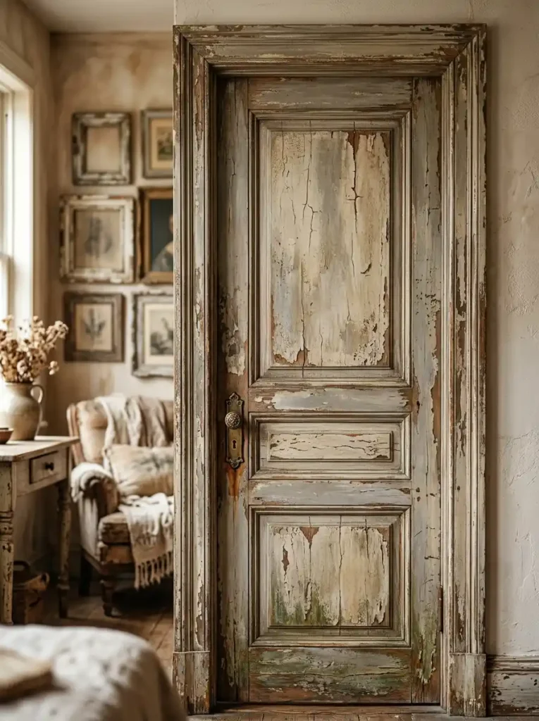 Faux antique distressed door painting ideas with rustic patina finish on wooden interior door