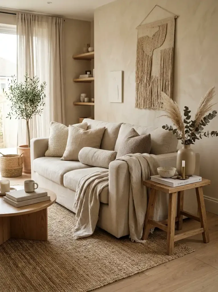 Earthy Vibrancy Colors in a textured neutral living room design