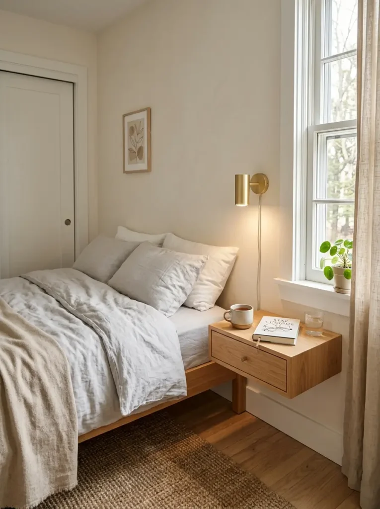 Floating Small Bedroom Nightstand Ideas with wall-mounted bedside table