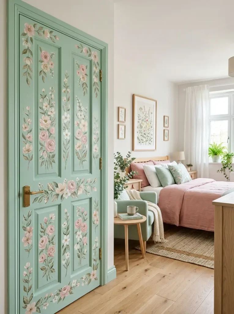 Mint green floral door painting ideas in a soft pastel bedroom