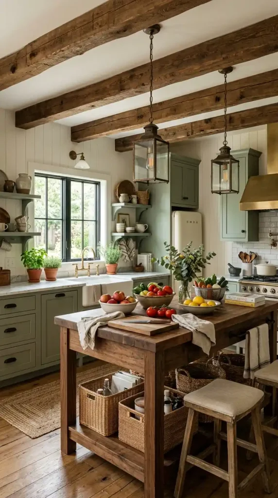 Contemporary farmhouse-style kitchen featuring sage-colored cabinets, rustic beams, and butcher block island