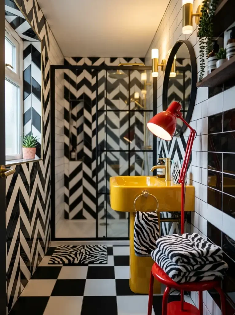 Funky Bathroom Ideas with monochrome and colorful accents