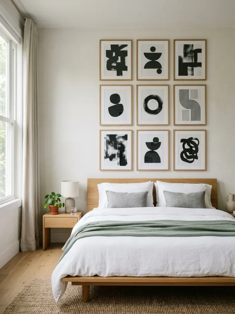 Modern bedroom with a gallery wall layout.