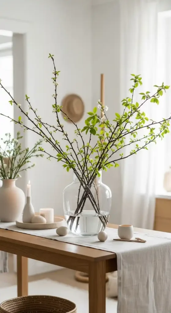 spring branches in glass vase with minimalist Easter decor and neutral styling