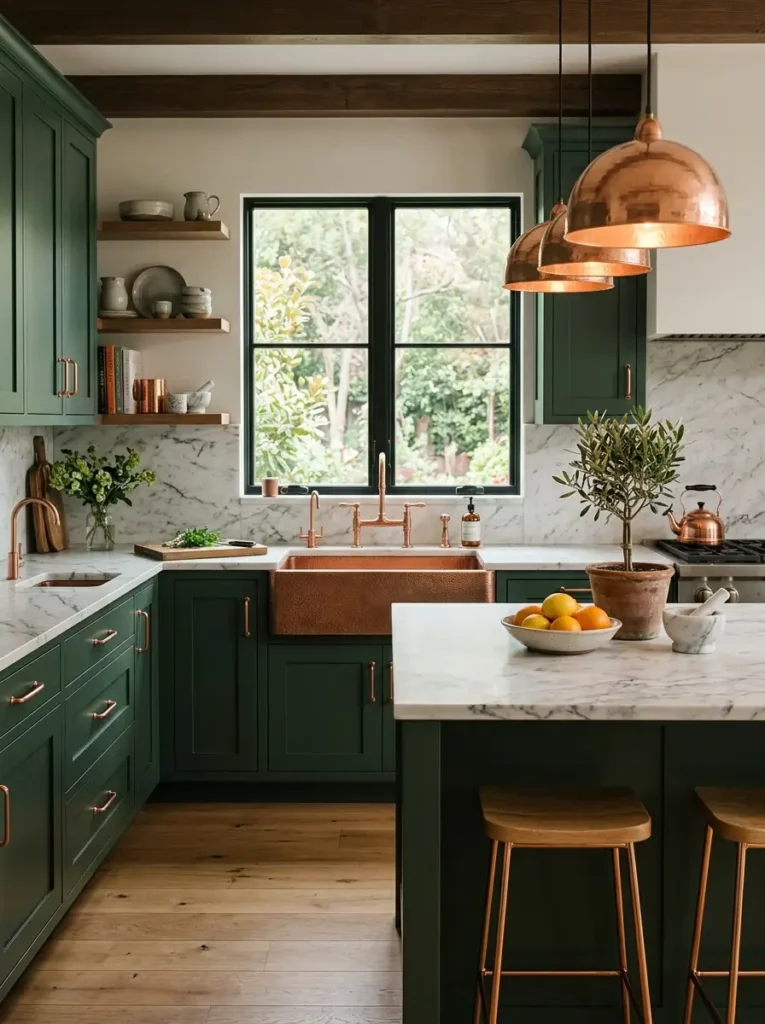 Green kitchen with copper accents and marble countertop – Green Kitchen Ideas