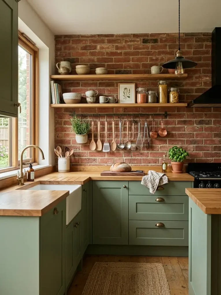 Green kitchen with exposed brick wall – Green Kitchen Ideas