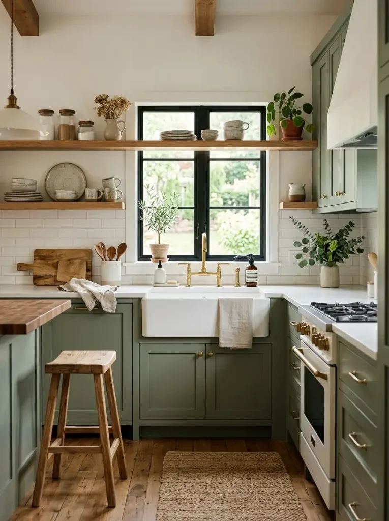 Green farmhouse kitchen with white sink – Green Kitchen Ideas