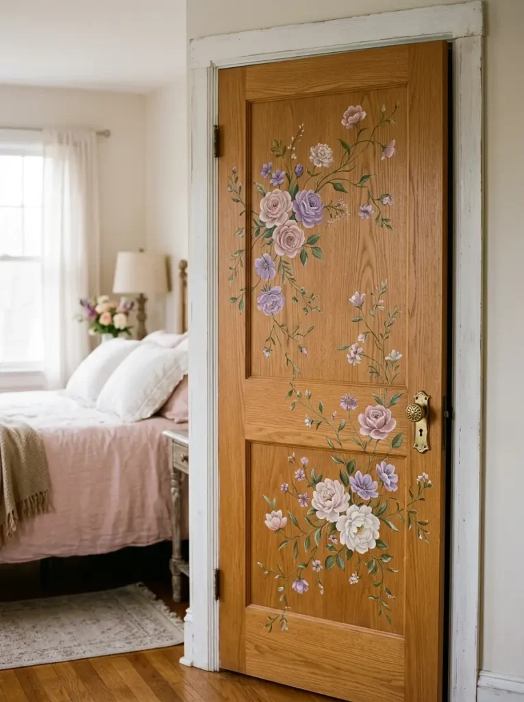 Hand-painted floral door painting ideas with soft blush blooms on wooden bedroom interior door