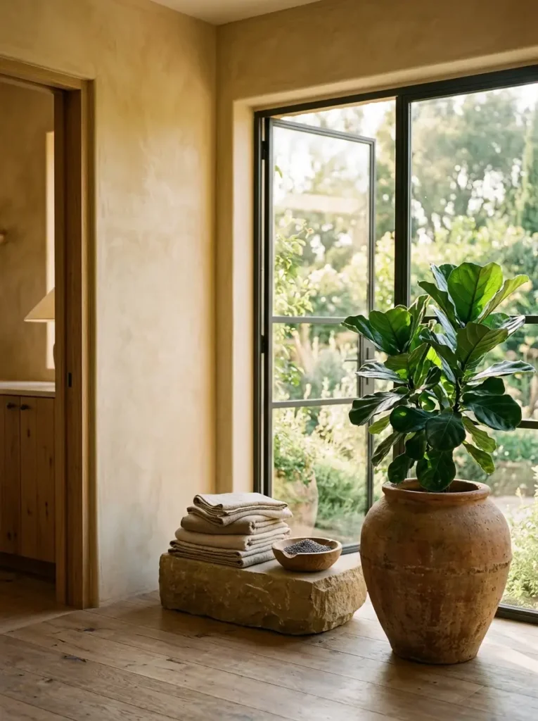Natural wood and stone home decor, creating a slow living atmosphere.