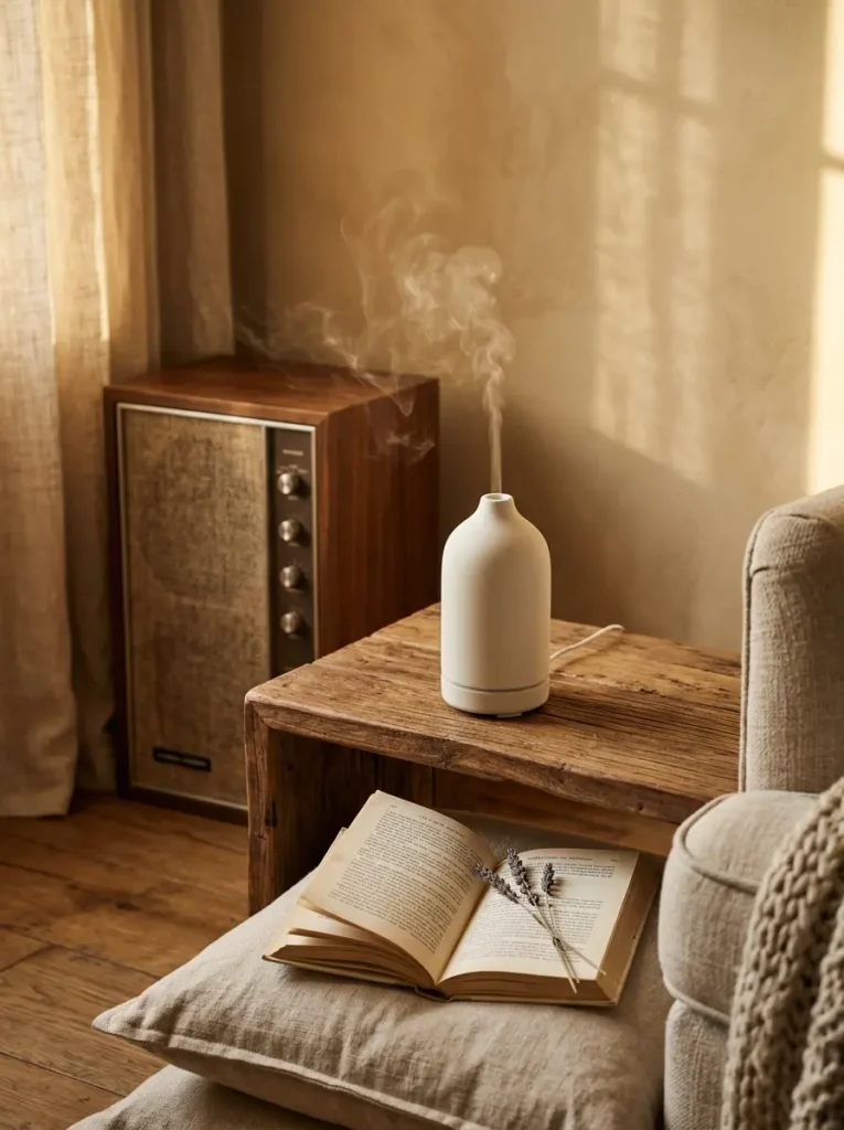 A minimalist scent diffuser and speaker in a cozy room, enhancing the slow living experience.