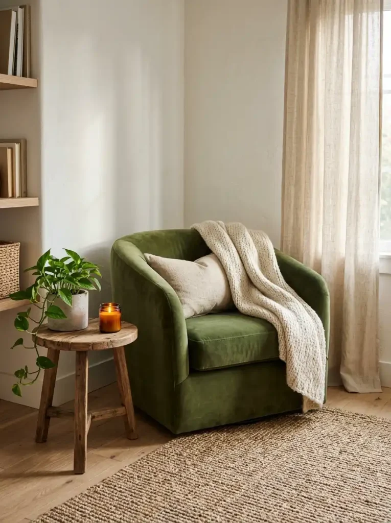 A cozy, velvet armchair corner designed as a dedicated slow living relaxation zone.