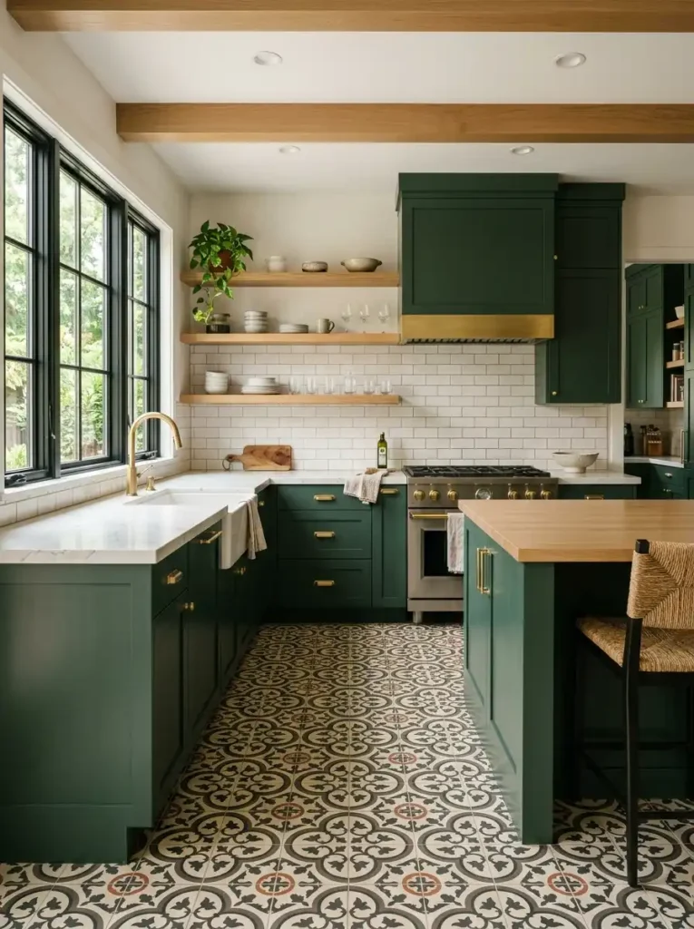 Hunter green kitchen with patterned floor – Green Kitchen Ideas