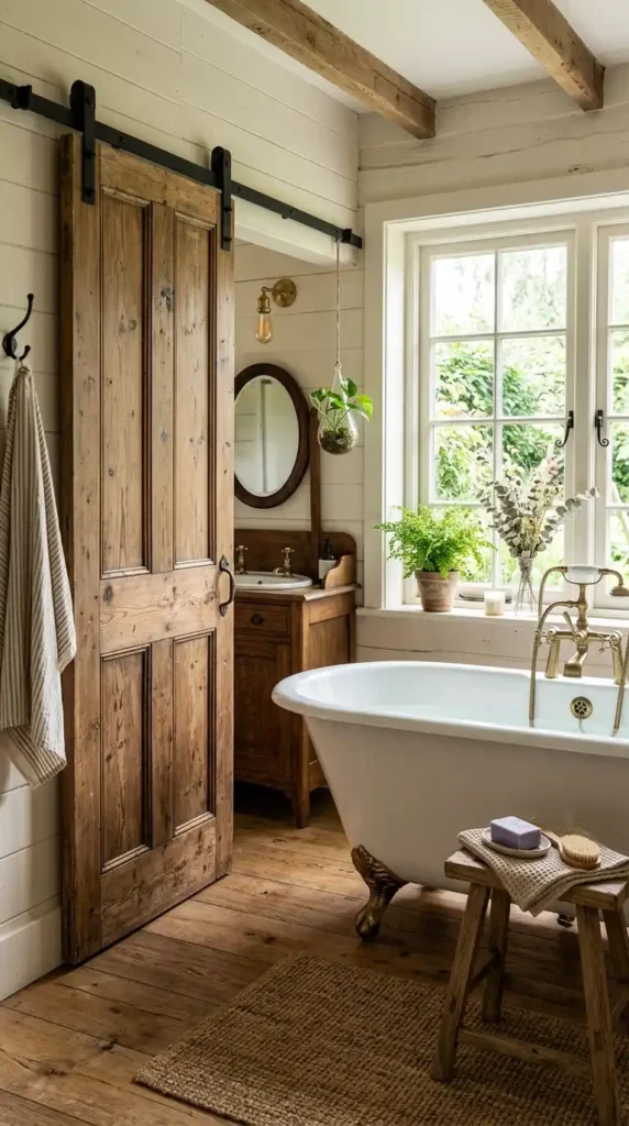 Rustic bathroom with barn door, clawfoot tub, and natural light