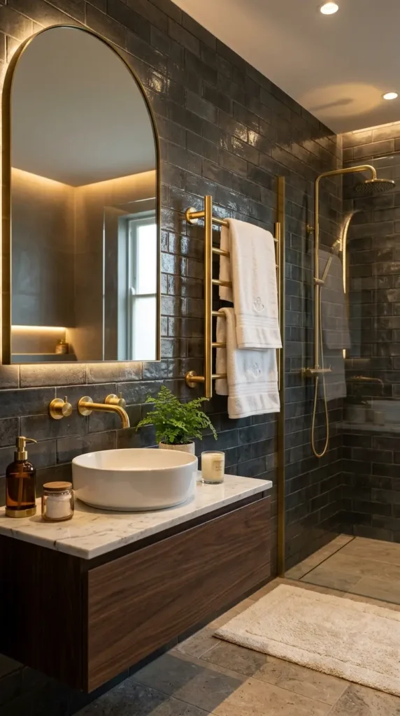 Brass towel rail in luxury bathroom with elegant modern design