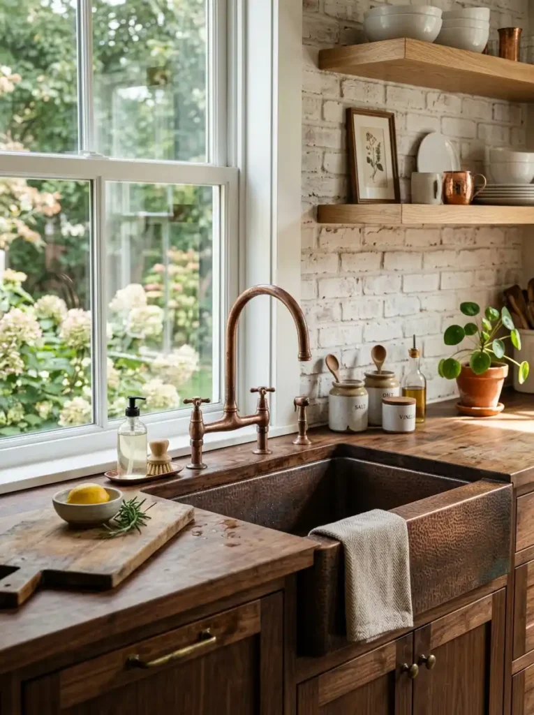 Copper Kitchen Sink Ideas with rustic wood countertop