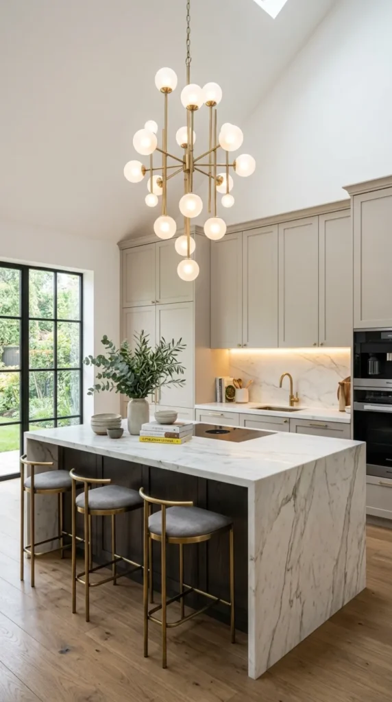 Modern kitchen with chandelier lighting, marble island, neutral cabinets, and warm under-cabinet glow