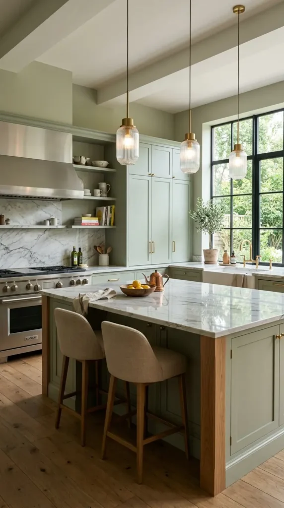 Luxury kitchen with marble countertops, green cabinets, pendant lights, and wood accents