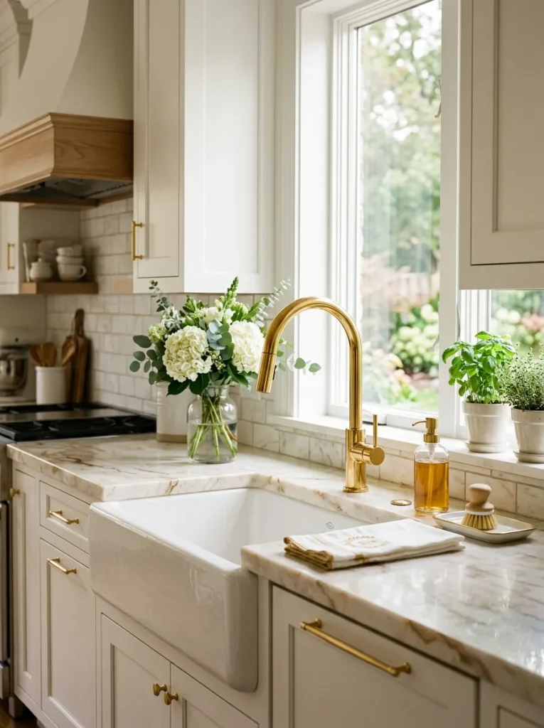 Luxury Kitchen Sink Ideas with gold fixtures and white cabinets