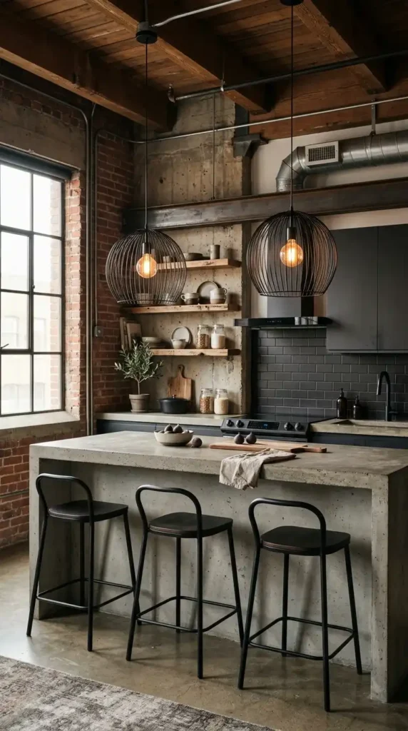 Industrial chic kitchen with cage pendant lights, concrete counters, and black stools