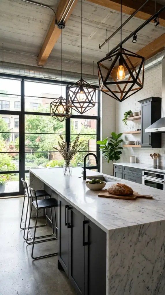Industrial kitchen with geometric pendant lights and marble countertop design